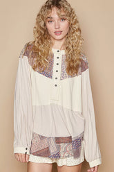 POL Half Button Balloon Sleeve Top with Printed Knit Contrast OutfitFlow
